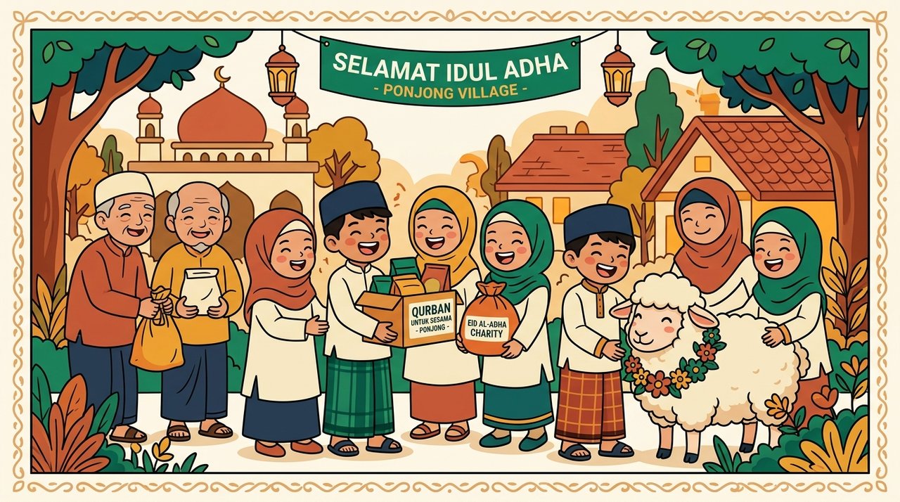 Ilustrasi kehangatan anak-anak santri menyalurkan paket kurban Idul Adha kepada warga Ponjong