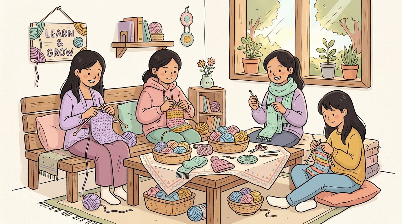 Ilustrasi santriwati asrama berlatih keterampilan merenda dan merajut untuk memupuk kesabaran
