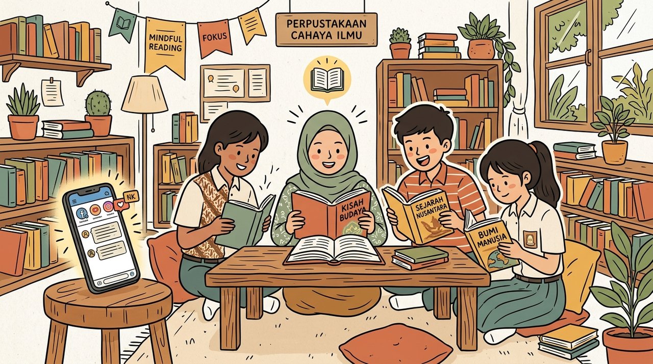 Ilustrasi santri asyik membaca buku fisik di perpustakaan menumbuhkan nalar kritis dan runtut