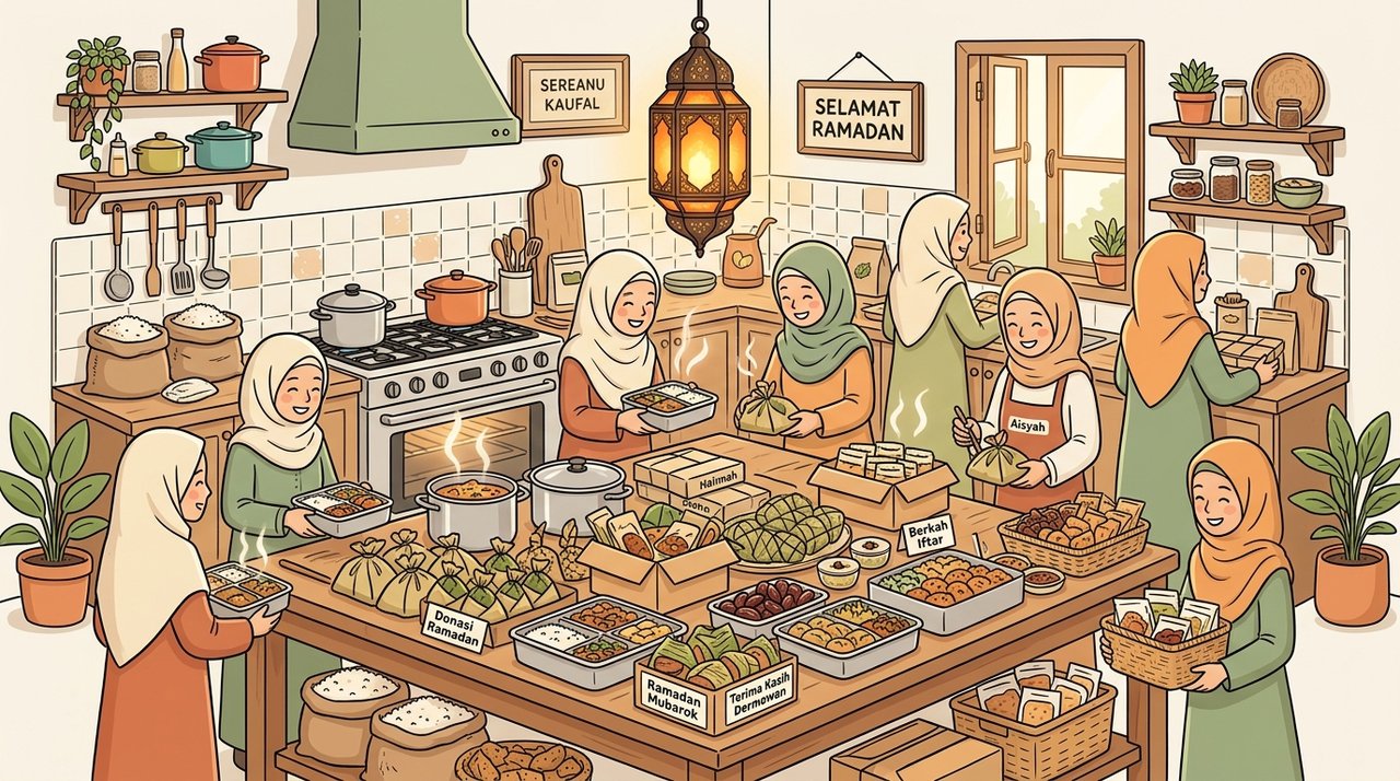 Ilustrasi dapur asrama dipenuhi limpahan paket berkah buka puasa dari para donatur dermawan