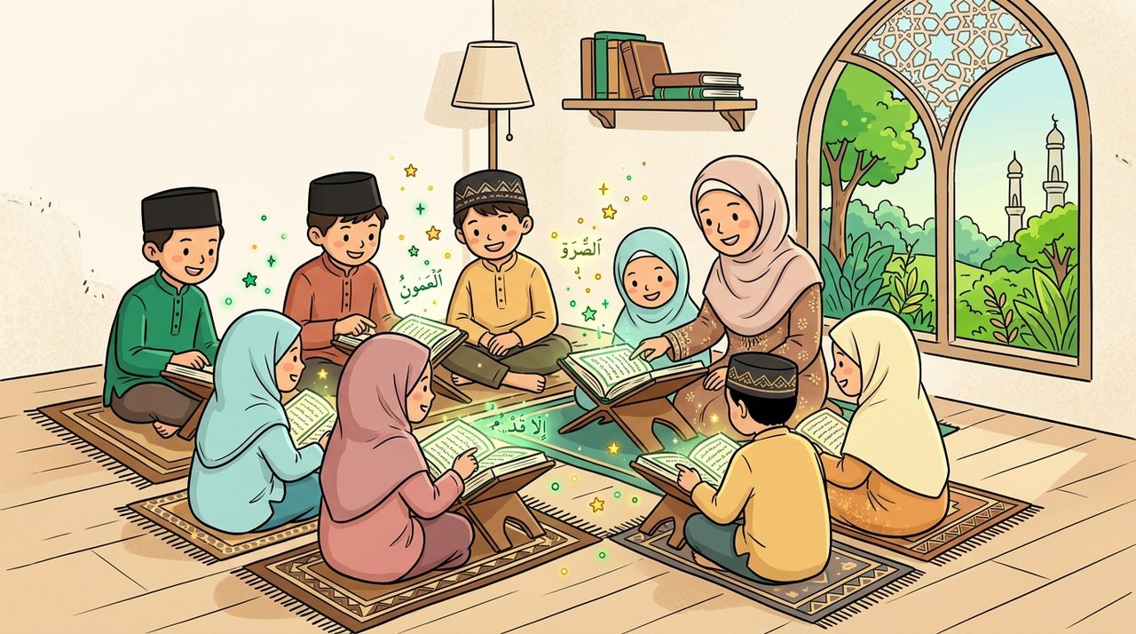 Ilustrasi santri halaqah tahfidz Al-Quran membaca dan menghafal ayat suci dengan penuh keteduhan