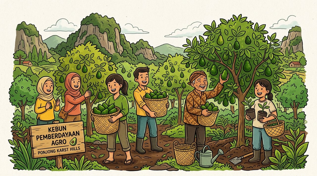 Ilustrasi panen raya buah alpukat di kebun kemitraan dan pemberdayaan agro santri Ponjong