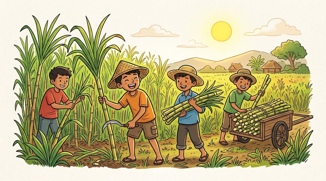 Ilustrasi santri dan pengasuh bergotong royong di ladang tebu demi kemandirian ekonomi panti