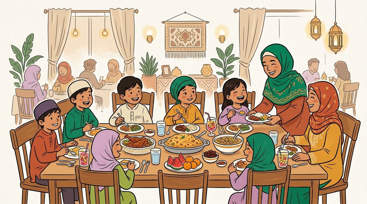 Ilustrasi kebersamaan buka puasa bersama menu hotel penuh syukur dan keceriaan santri