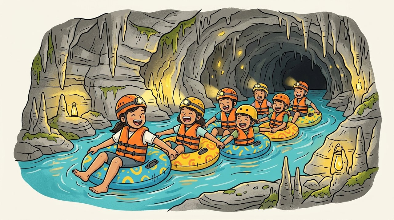 Ilustrasi serunya cave tubing santri di sungai bawah tanah Gua Pindul Gunungkidul