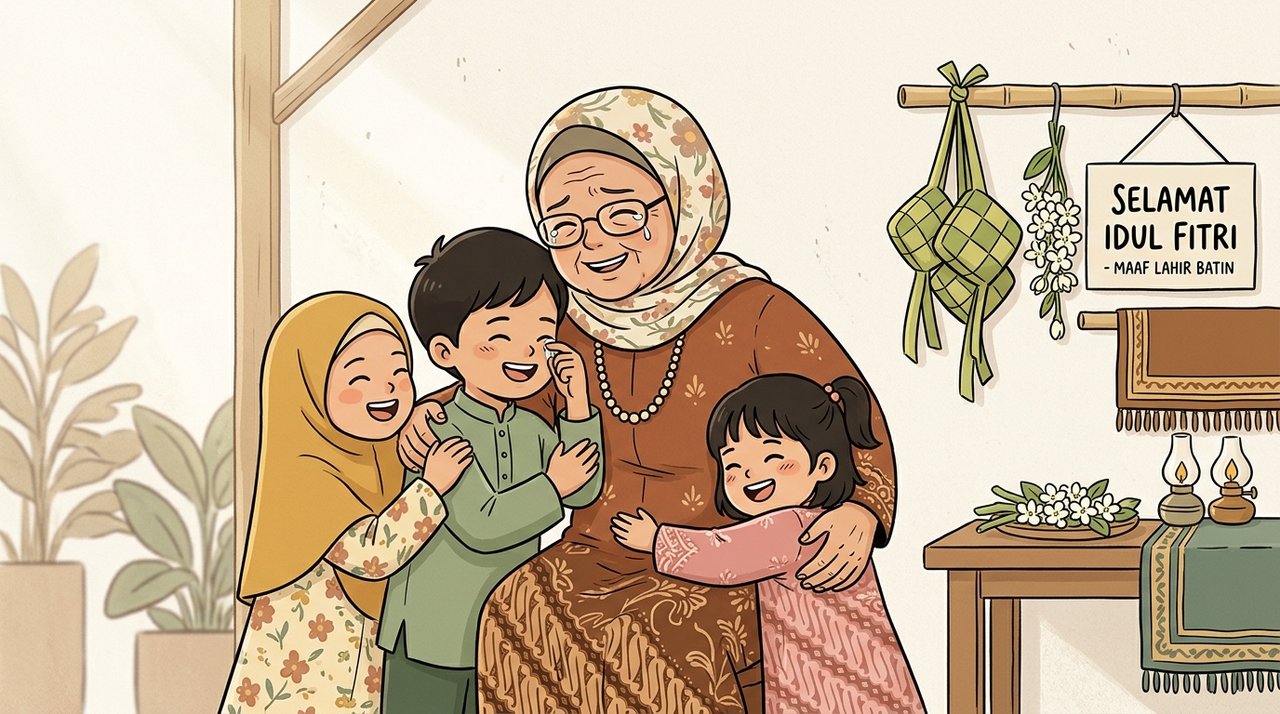 Ilustrasi suasana haru penuh kasih sayang saat pengasuh dan santri saling memaafkan di hari Idul Fitri